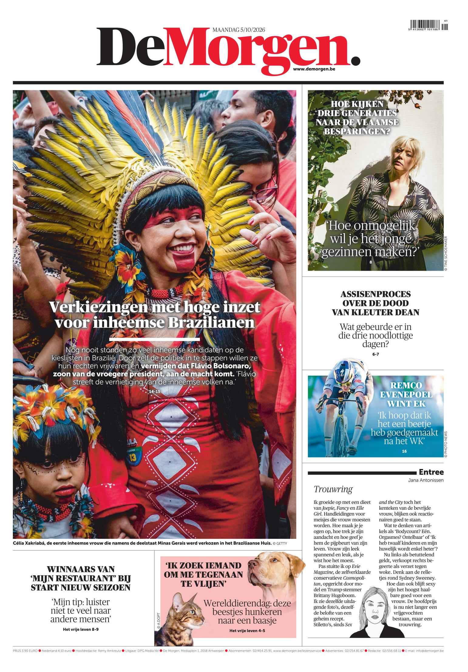 Portada de De Morgen del 5 de octubre de 2026. Titular: Elecciones con gran importancia para los indígenas brasileños.