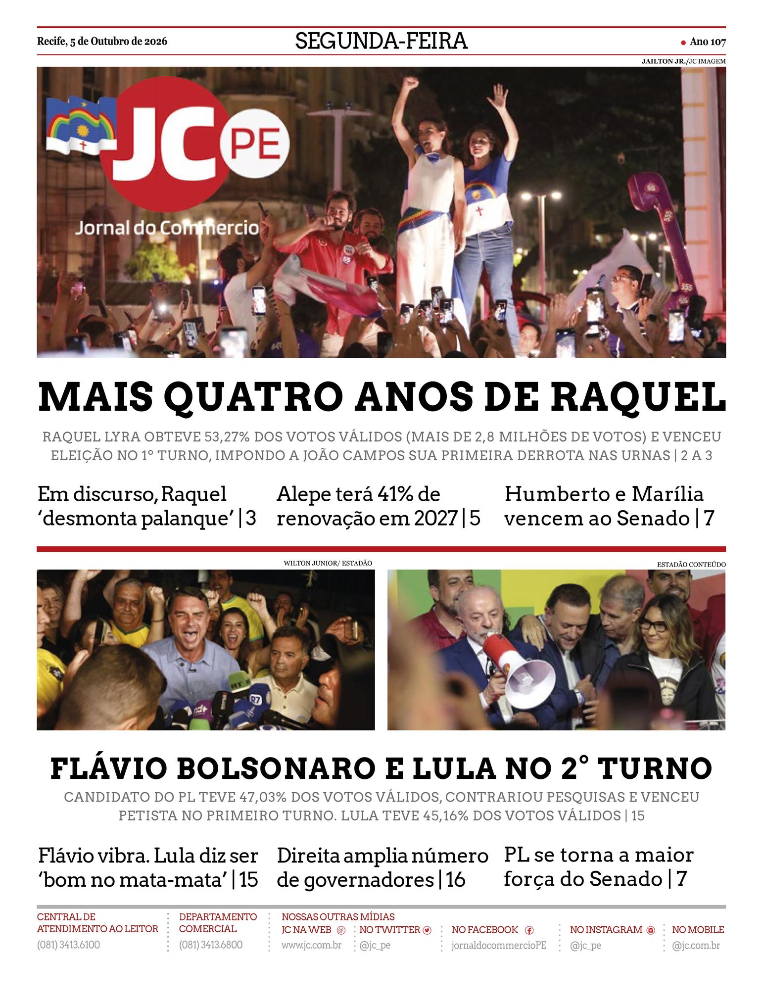 Jornal do Commercio front page, 5 October 2026. Headline: Four more years for Raquel.