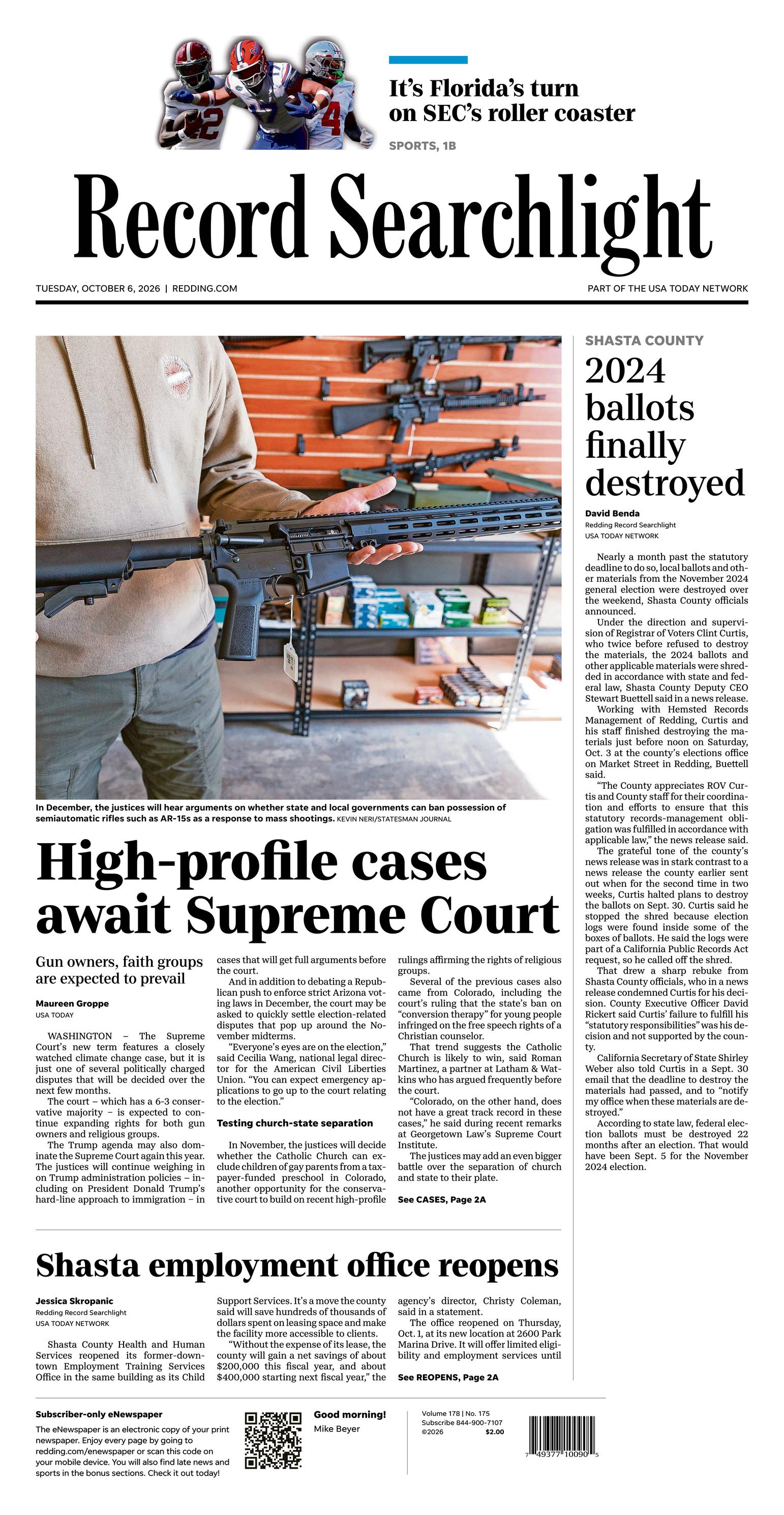 Record Searchlight Front Page