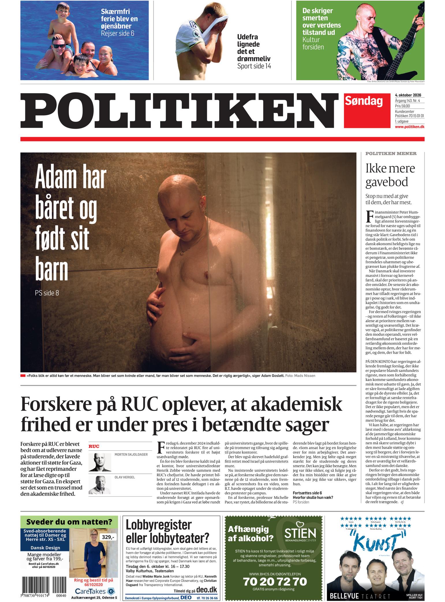 Capa do Politiken de 4 de outubro de 2026. Manchete: Investigadores da RUC sentem que a liberdade académica está sob pressão em casos sensíveis.