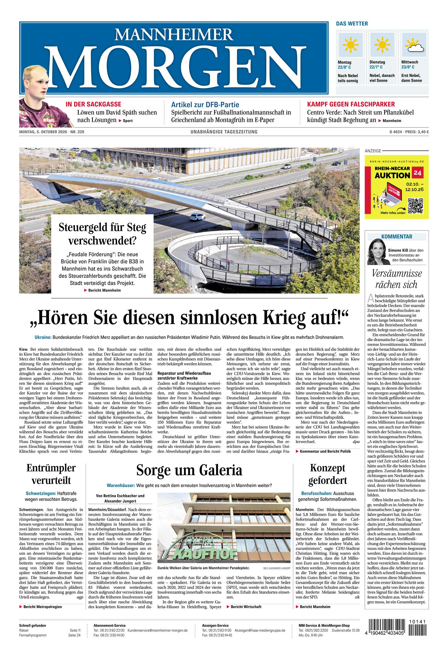 Portada de Mannheimer Morgen del 5 de octubre de 2026. Titular: ¡Detengan esta guerra sin sentido!