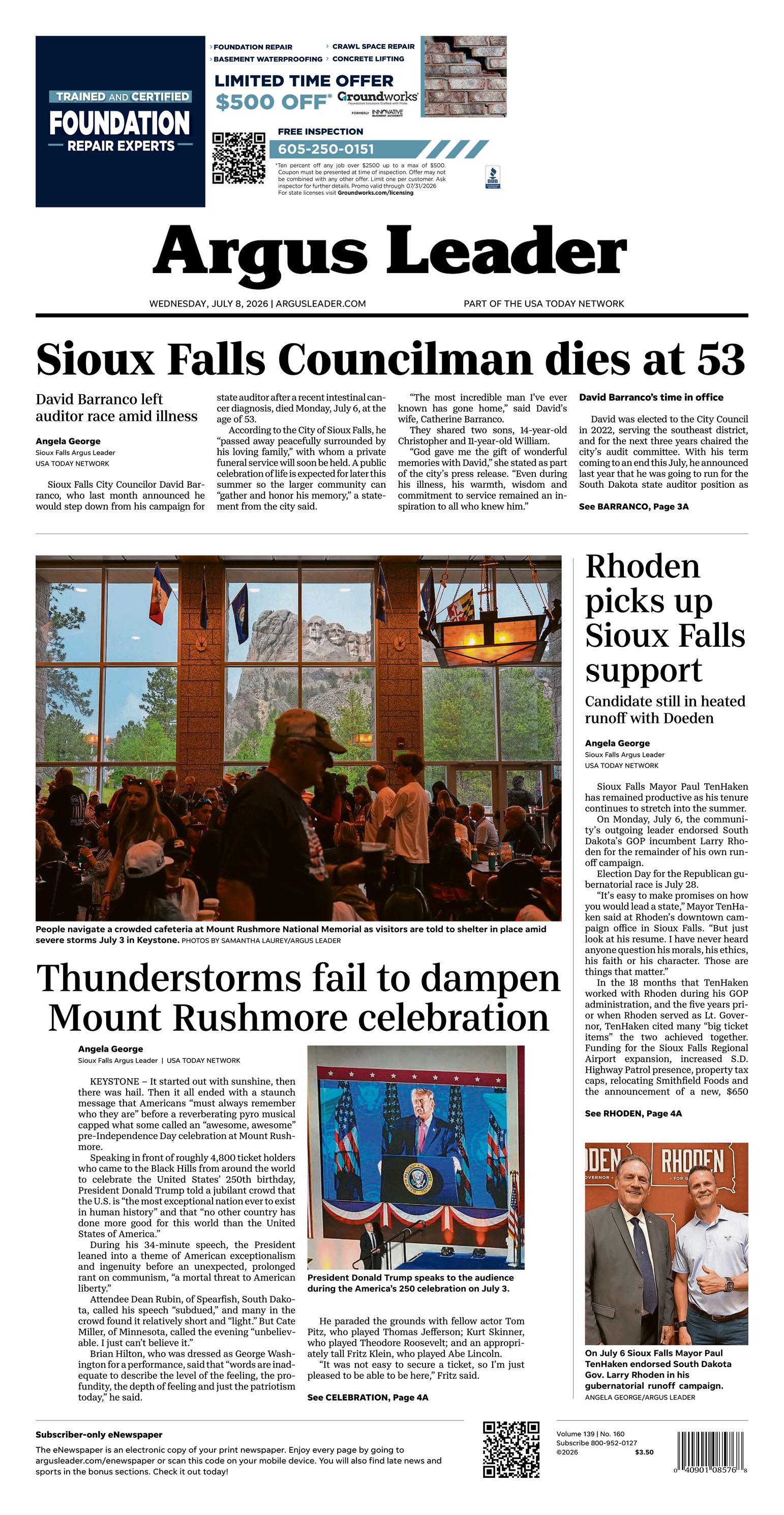 Argus Leader Front Page