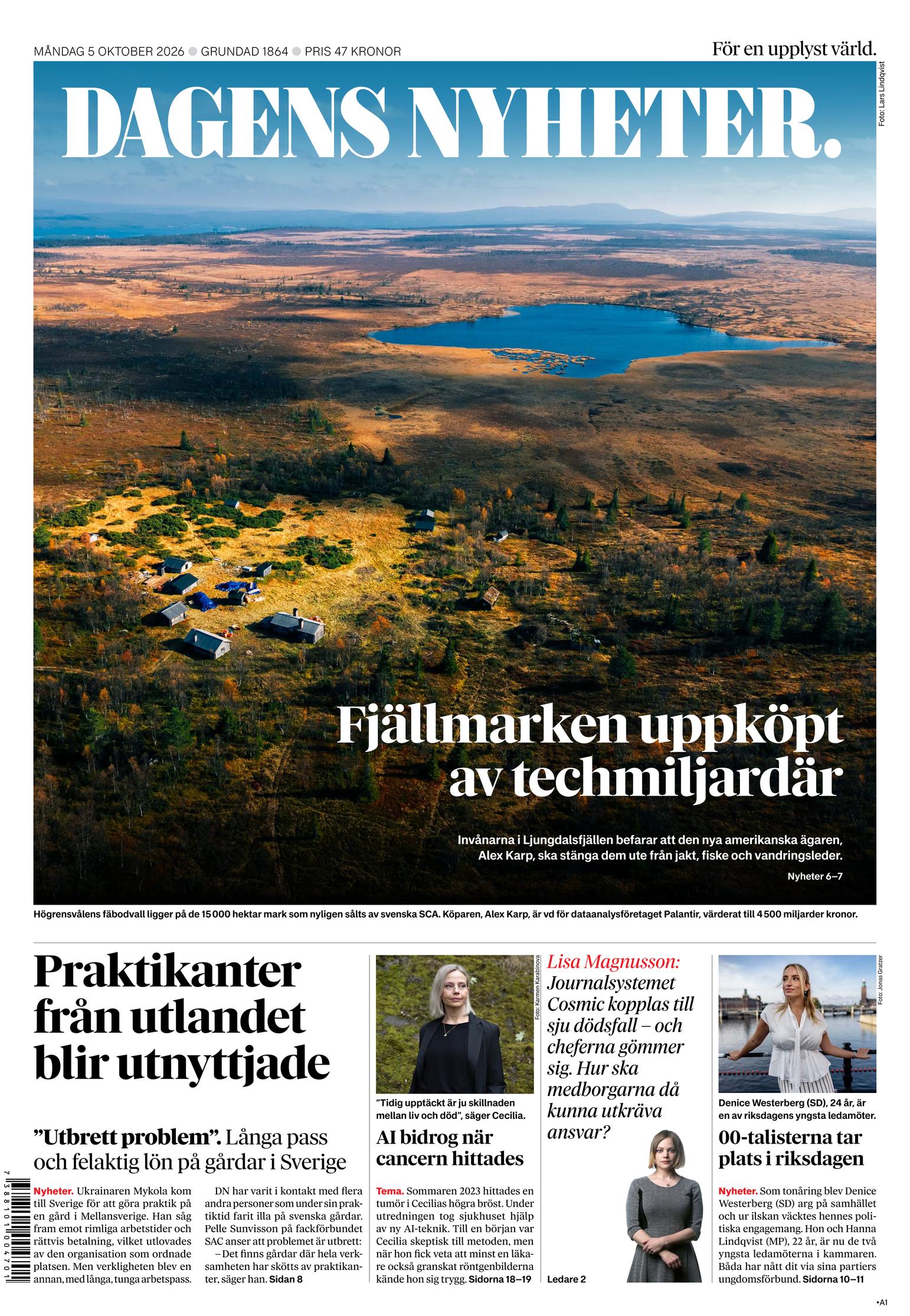 Portada de Dagens Nyheter del 5 de octubre de 2026. Titular: Tierras de montaña compradas por multimillonario de la tecnología.