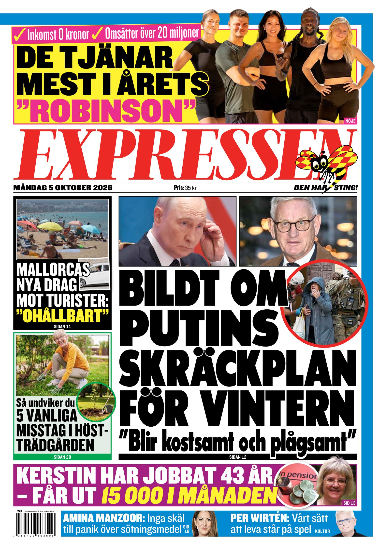 Portada de Expressen del 5 de octubre de 2026. Titular: Bildt sobre el plan de terror de Putin para el invierno.